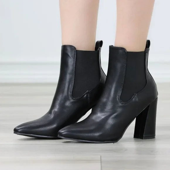 Womens High Heel Ankle Boots Pointed Toe Elastic Gore Booties Synthetic Leather - Picture 4 of 12